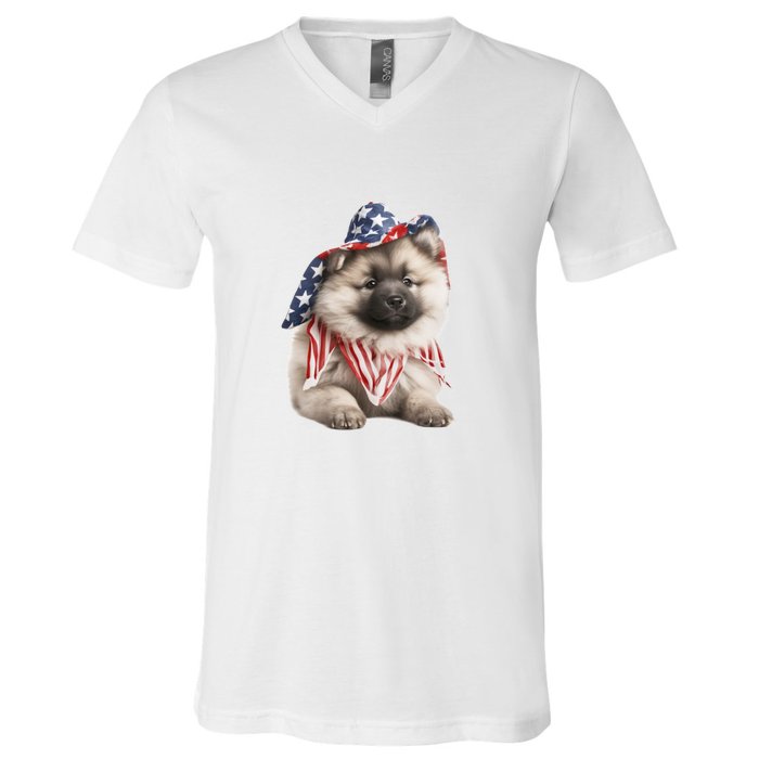 Keeshond USA Flag American Dogs Patriotic 4th Of July V-Neck T-Shirt