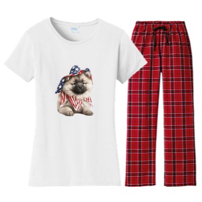 Keeshond USA Flag American Dogs Patriotic 4th Of July Women's Flannel Pajama Set