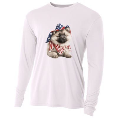 Keeshond USA Flag American Dogs Patriotic 4th Of July Cooling Performance Long Sleeve Crew