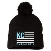 Kc Usa Flag Kansas City Blue & Light Blue Kc Usa Pom Pom 12in Knit Beanie