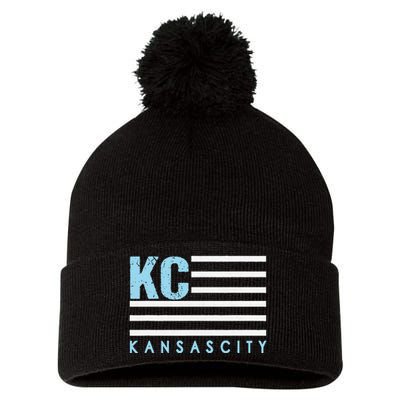 Kc Usa Flag Kansas City Blue & Light Blue Kc Usa Pom Pom 12in Knit Beanie