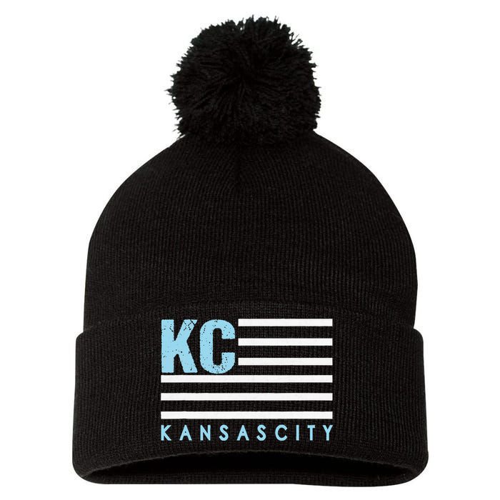 Kc Usa Flag Kansas City Blue & Light Blue Kc Usa Pom Pom 12in Knit Beanie