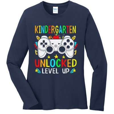 Kindergarten Unlocked Level Up Gamer Boy Back To School Ladies Long Sleeve Shirt