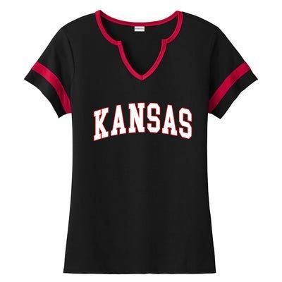 Kansas United States Varsity Style White Red Font Ladies Halftime Notch Neck Tee