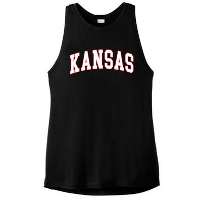 Kansas United States Varsity Style White Red Font Ladies PosiCharge Tri-Blend Wicking Tank