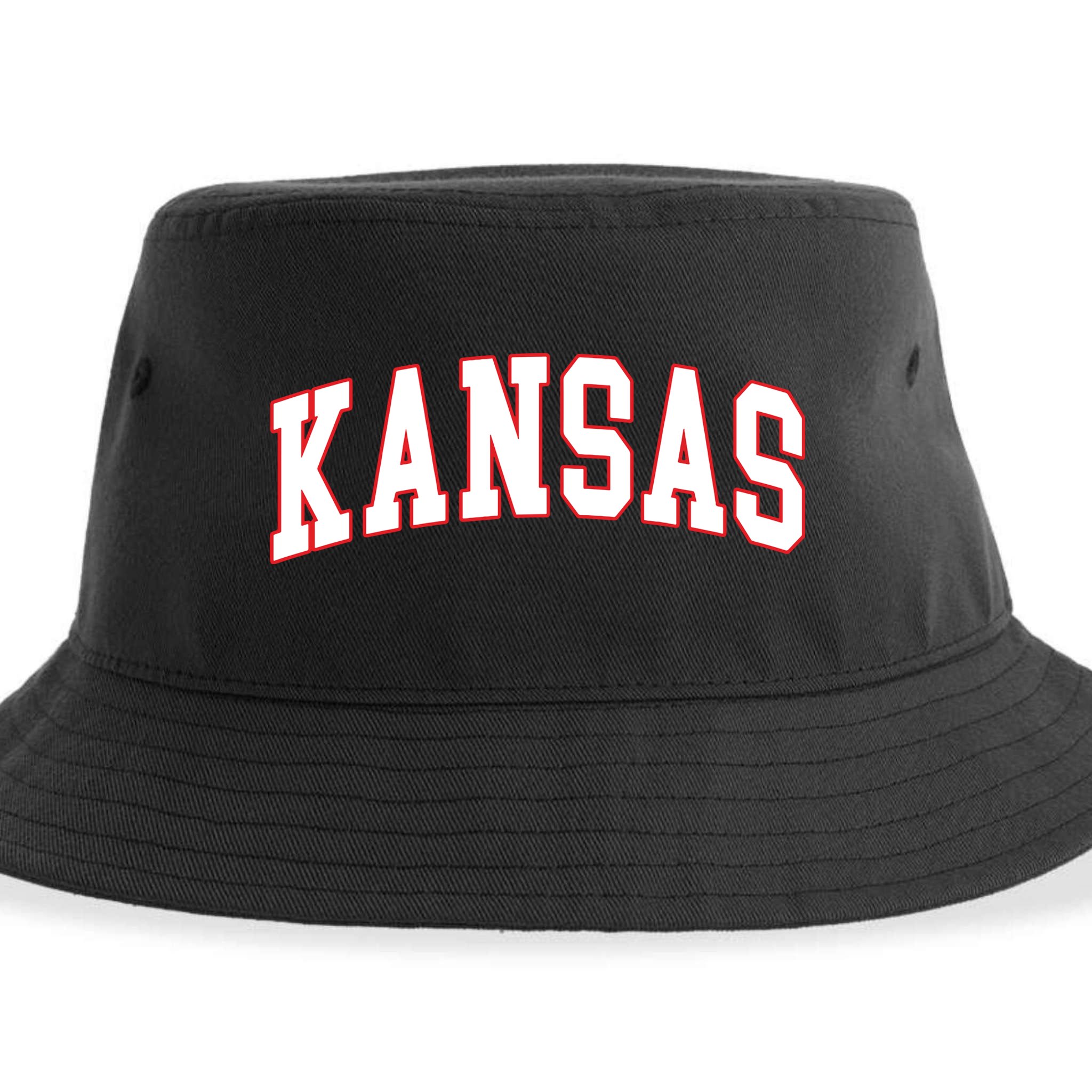 Kansas United States Varsity Style White Red Font Sustainable Bucket Hat