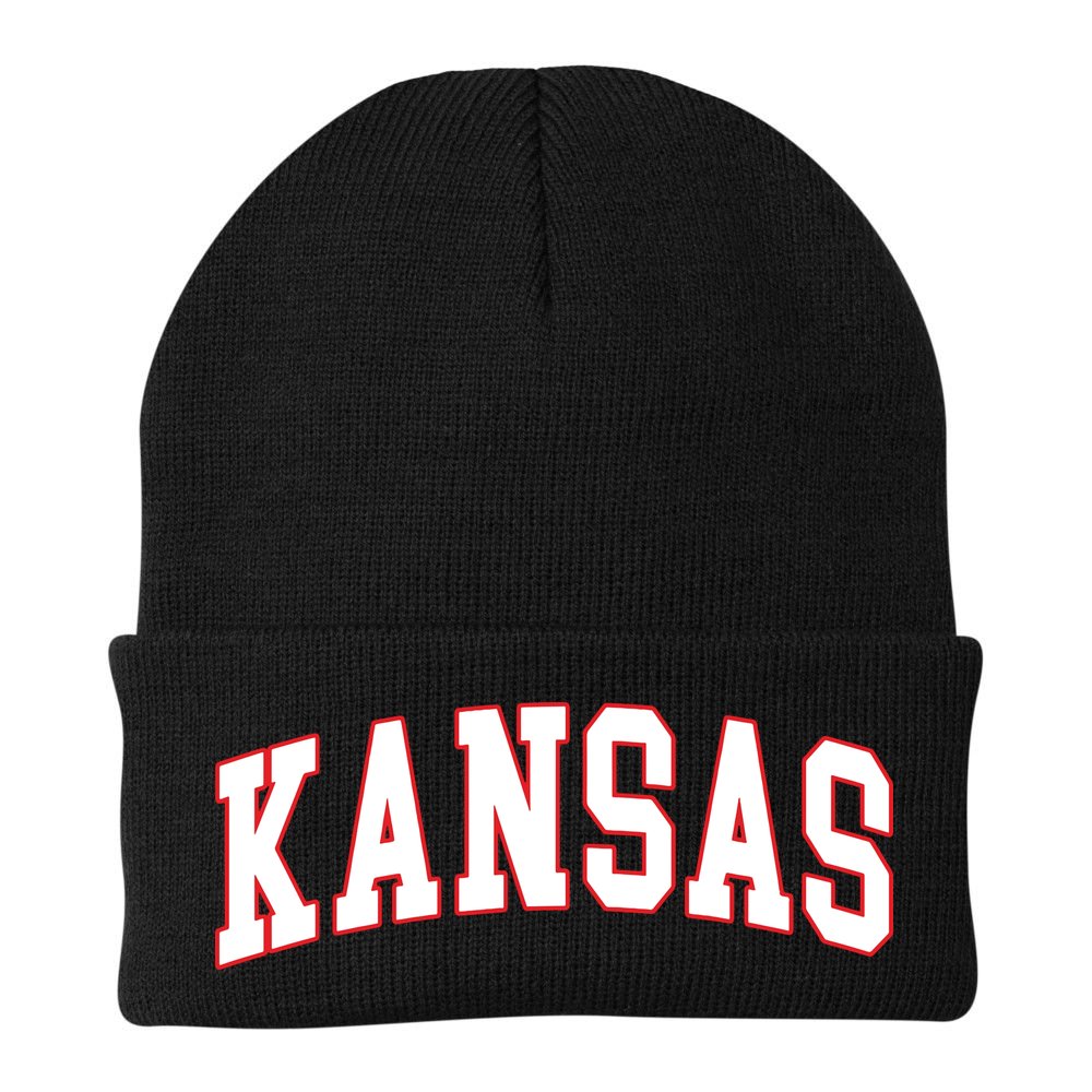 Kansas United States Varsity Style White Red Font Beanie
