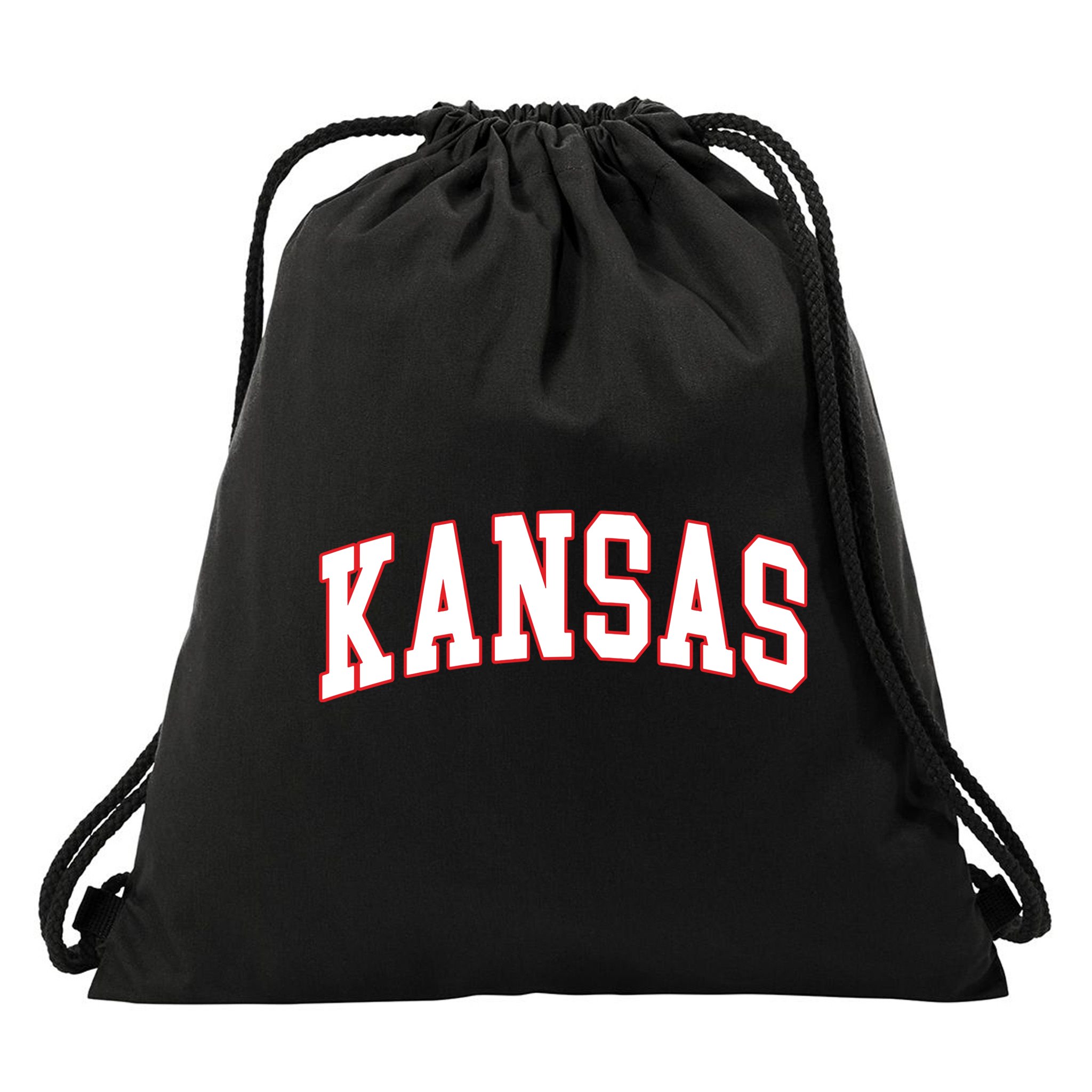 Kansas United States Varsity Style White Red Font Drawstring Bag
