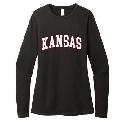 Kansas United States Varsity Style White Red Font Womens CVC Long Sleeve Shirt