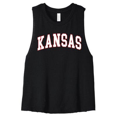 Kansas United States Varsity Style White Red Font Women's Racerback Cropped Tank