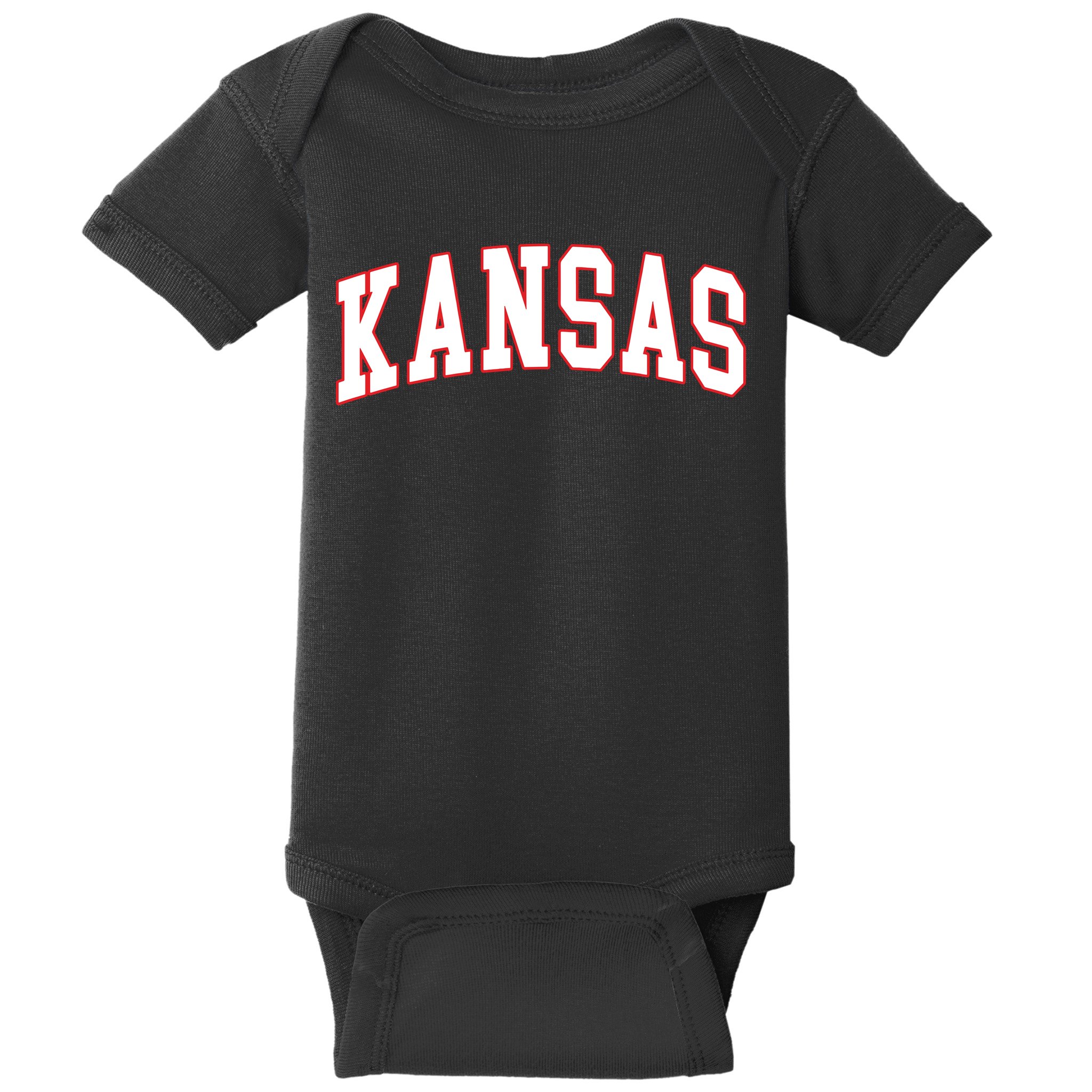 Kansas United States Varsity Style White Red Font Baby Bodysuit