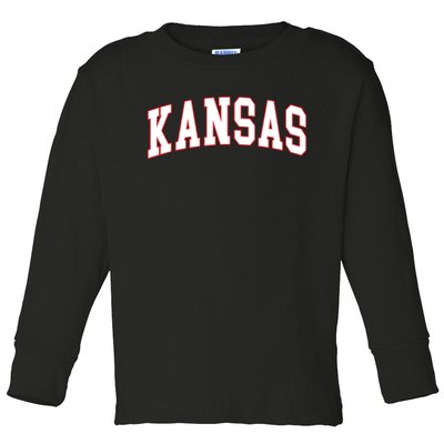 Kansas United States Varsity Style White Red Font Toddler Long Sleeve Shirt