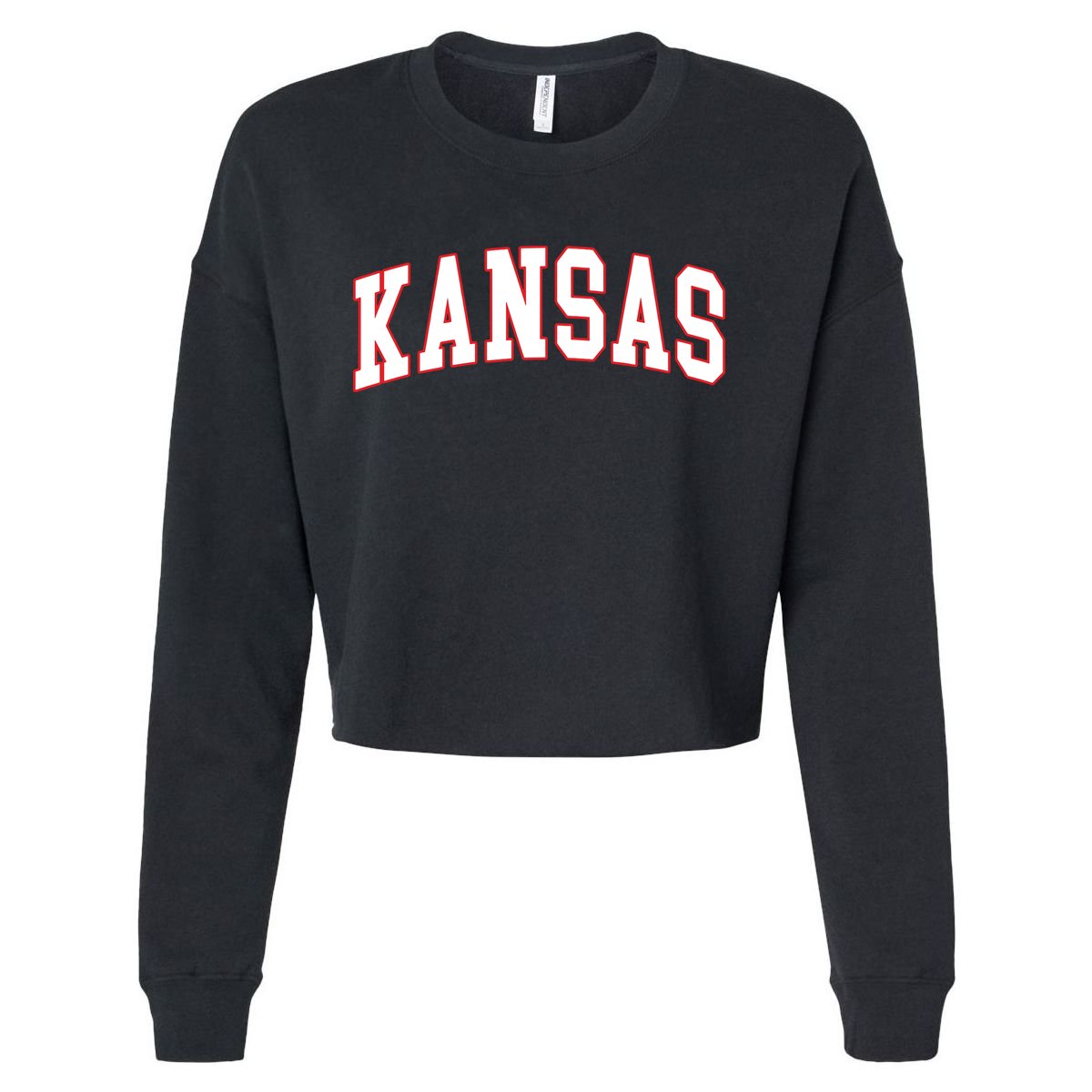Kansas United States Varsity Style White Red Font Cropped Pullover Crew