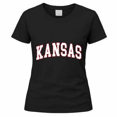 Kansas United States Varsity Style White Red Font Women's T-Shirt