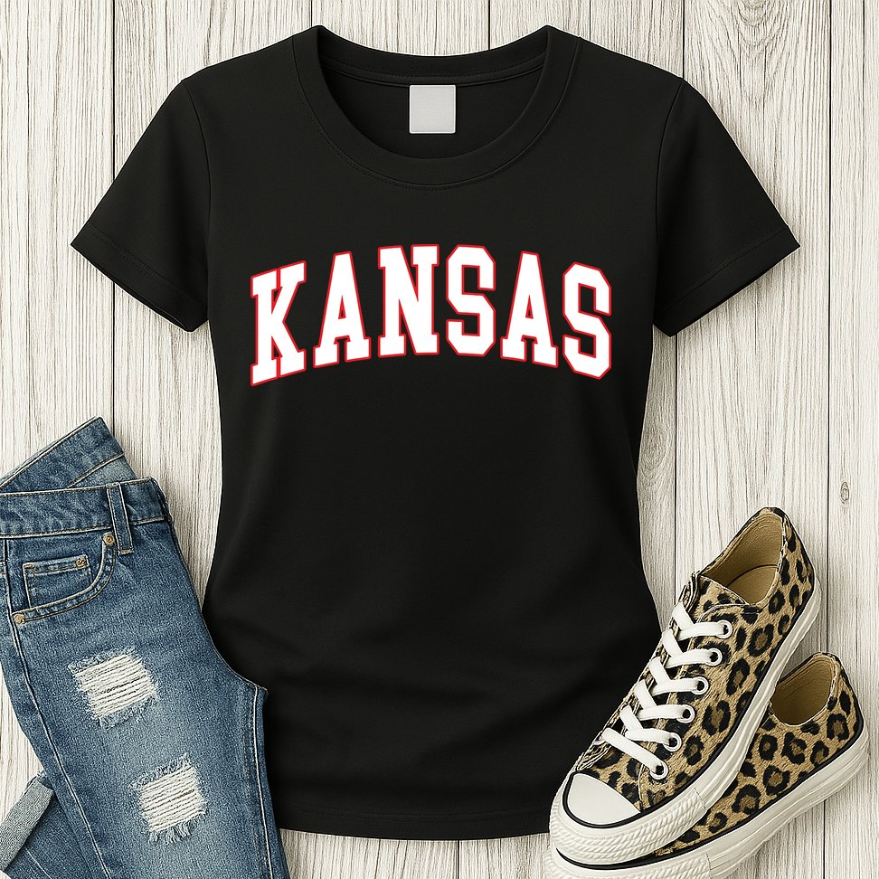 Kansas United States Varsity Style White Red Font Womens T-Shirt