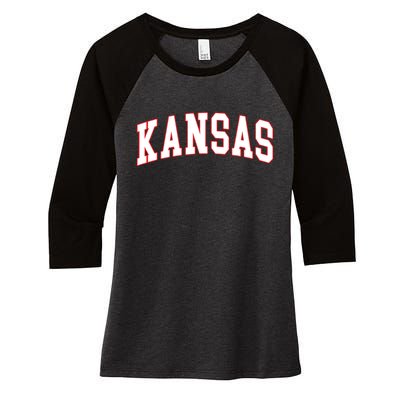 Kansas United States Varsity Style White Red Font Women's Tri-Blend 3/4-Sleeve Raglan Shirt