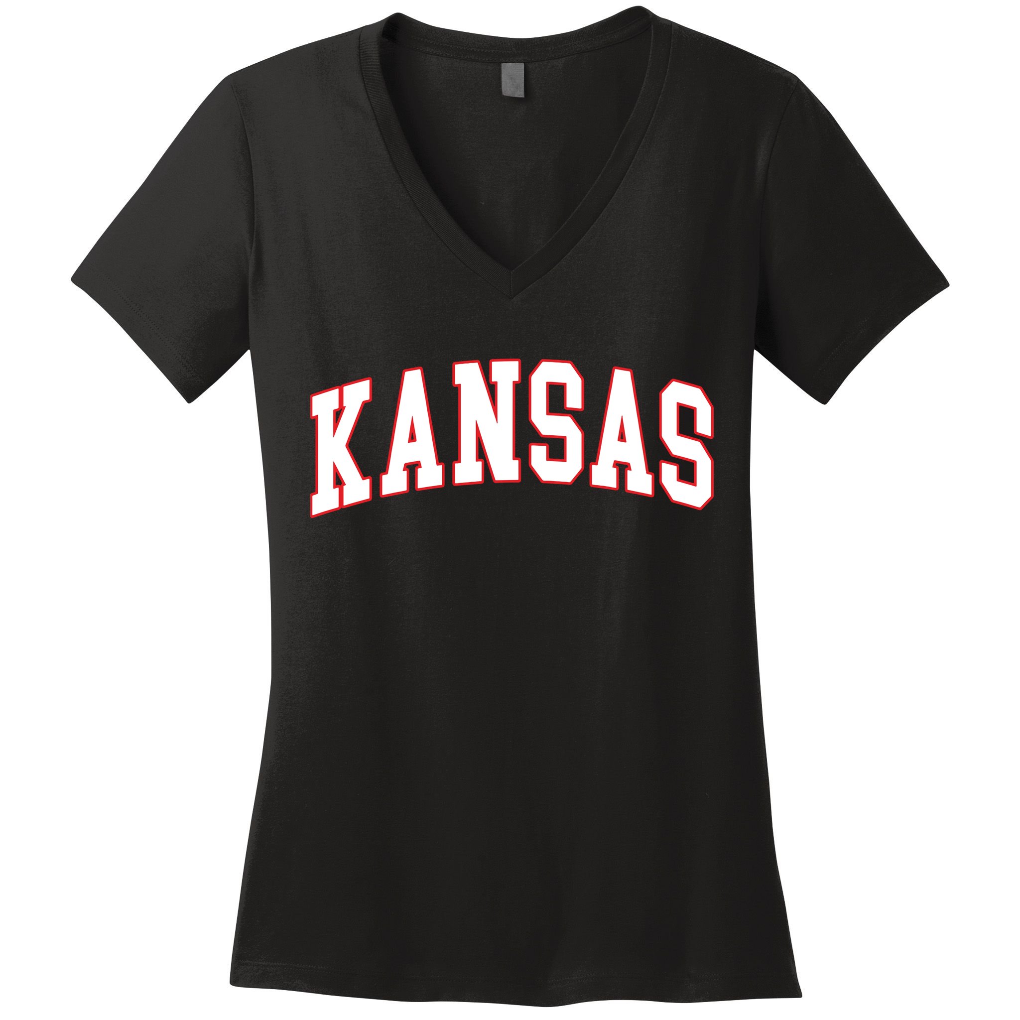 Kansas United States Varsity Style White Red Font Women's V-Neck T-Shirt
