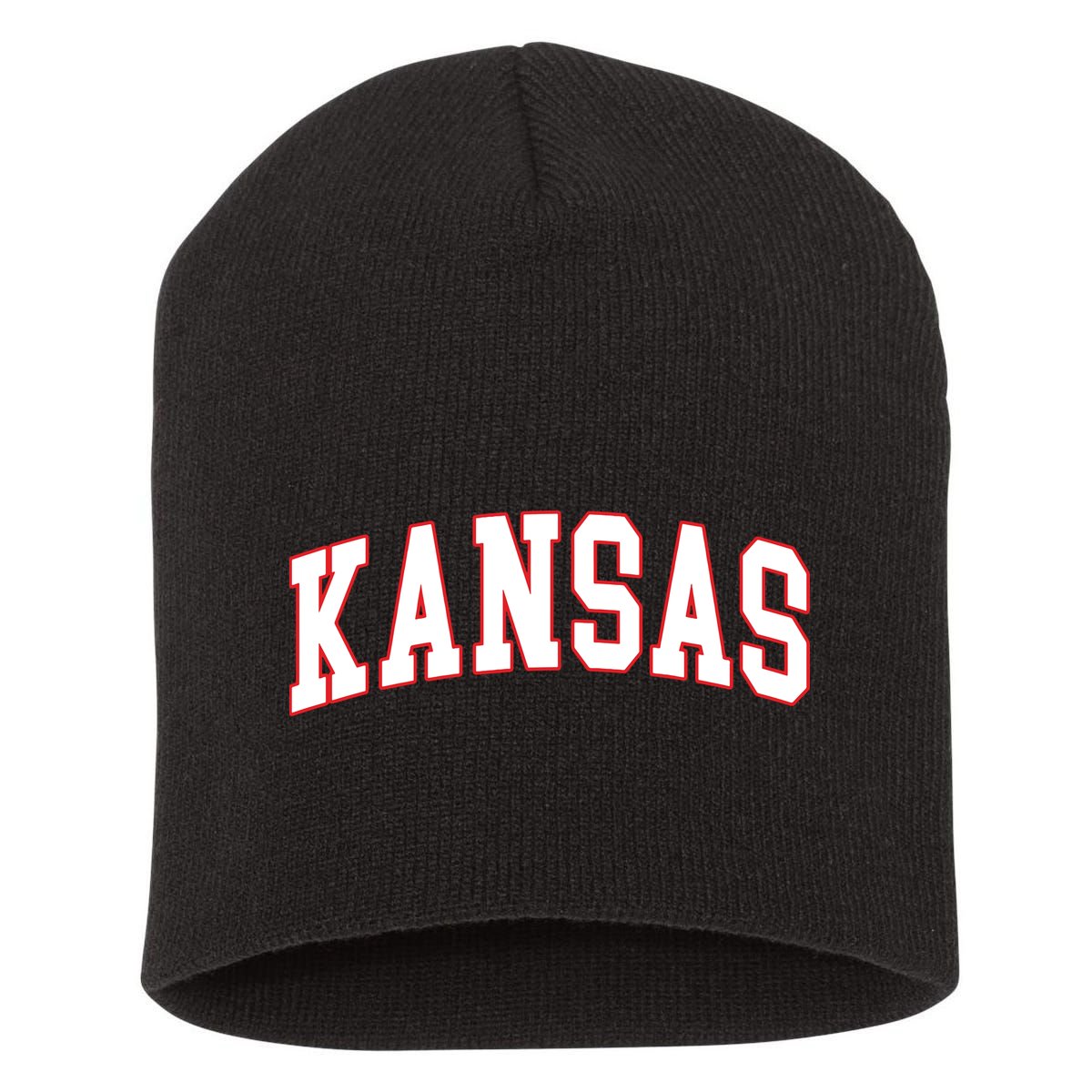 Kansas United States Varsity Style White Red Font Short Acrylic Beanie