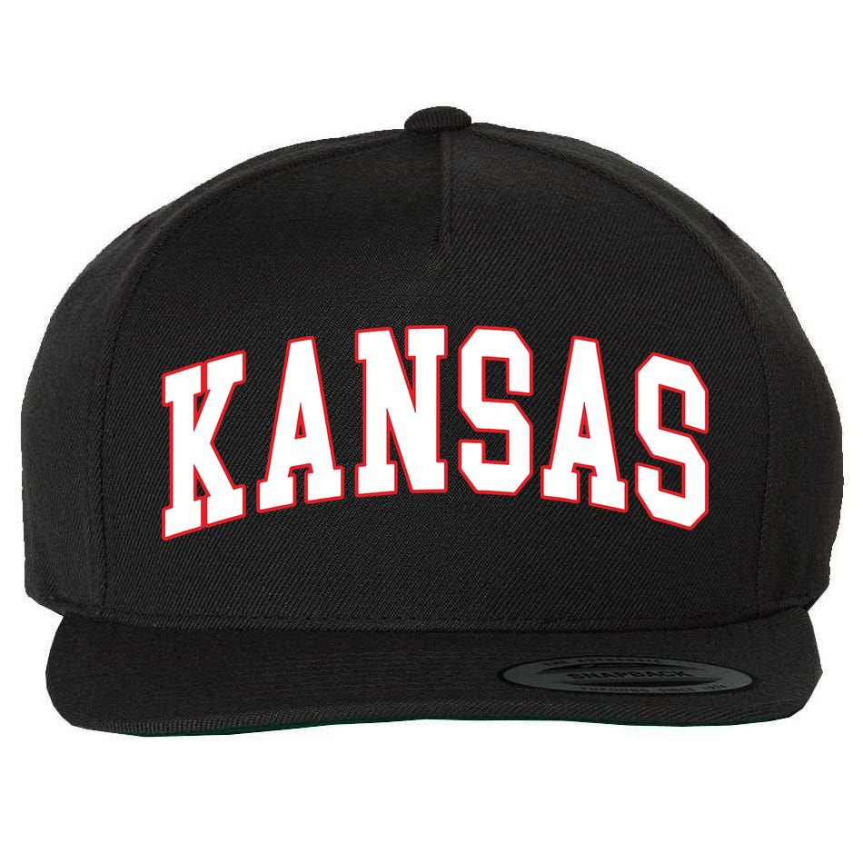 Kansas United States Varsity Style White Red Font Wool Snapback Cap