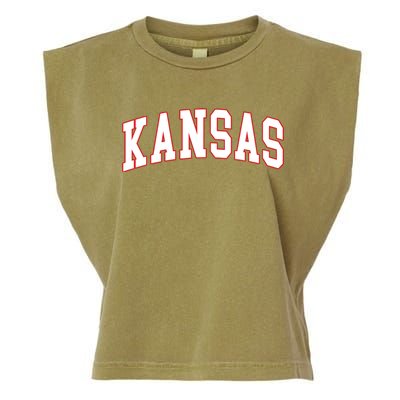 Kansas United States Varsity Style White Red Font Garment-Dyed Women's Muscle Tee