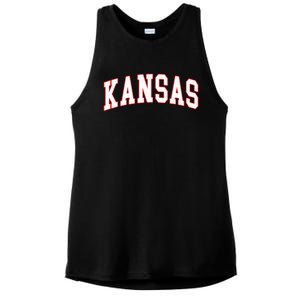 Kansas United States Varsity Style White Red Font Ladies PosiCharge Tri-Blend Wicking Tank