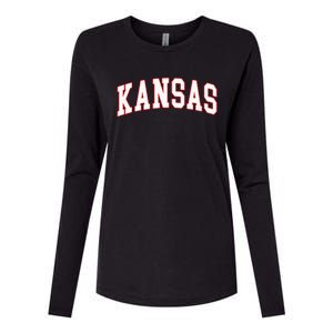 Kansas United States Varsity Style White Red Font Womens Cotton Relaxed Long Sleeve T-Shirt