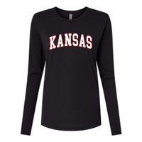 Kansas United States Varsity Style White Red Font Womens Cotton Relaxed Long Sleeve T-Shirt