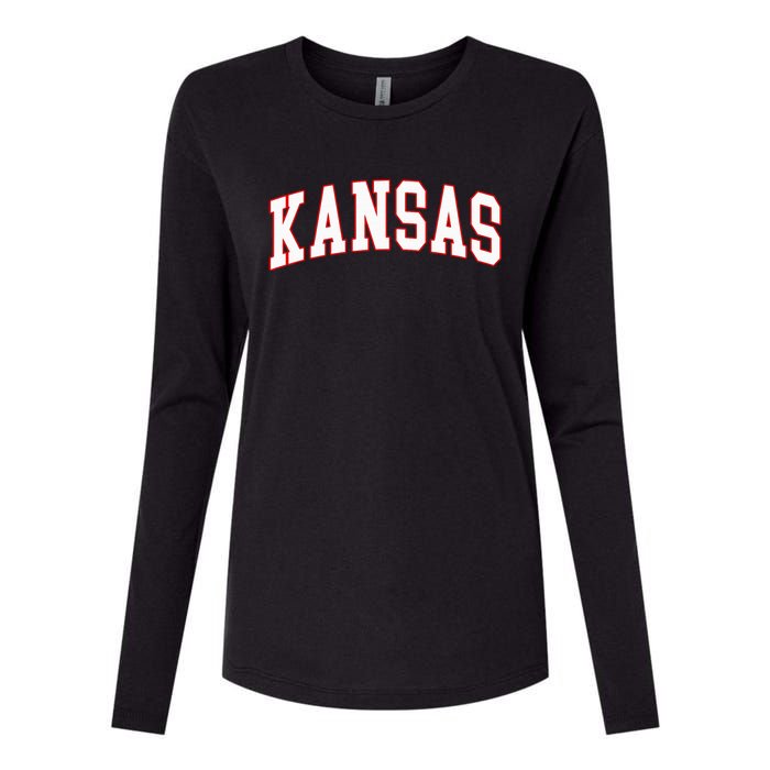 Kansas United States Varsity Style White Red Font Womens Cotton Relaxed Long Sleeve T-Shirt