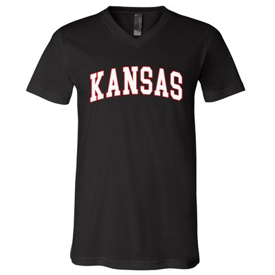 Kansas United States Varsity Style White Red Font V-Neck T-Shirt