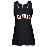 Kansas United States Varsity Style White Red Font Ladies Essential Flowy Tank