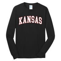 Kansas United States Varsity Style White Red Font Tall Long Sleeve T-Shirt