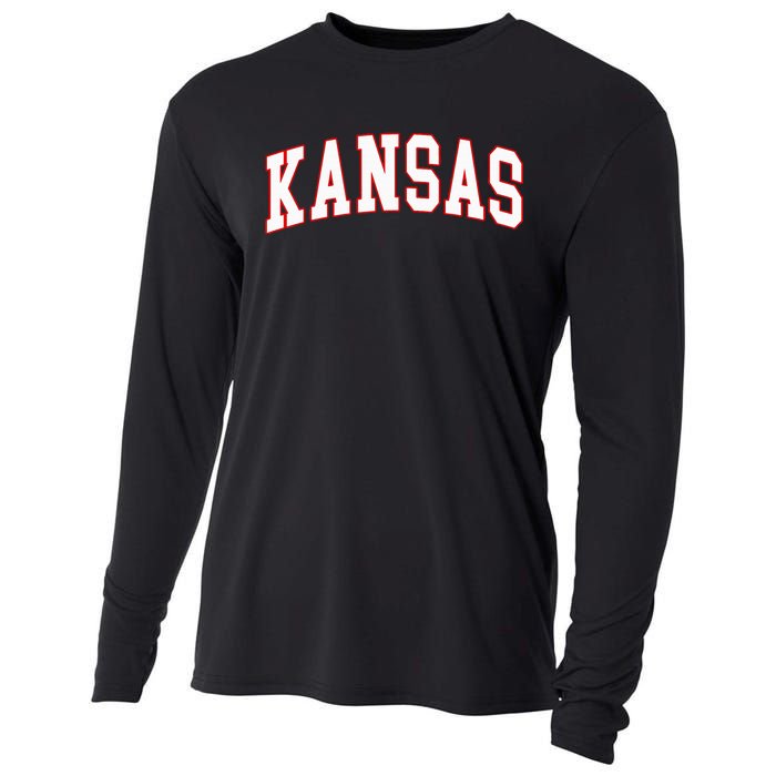 Kansas United States Varsity Style White Red Font Cooling Performance Long Sleeve Crew