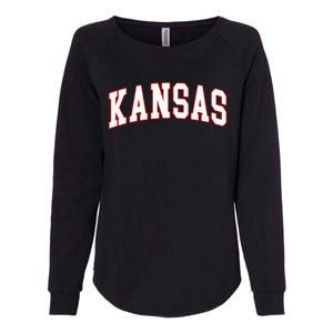 Kansas United States Varsity Style White Red Font Womens California Wash Sweatshirt