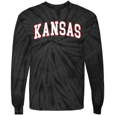 Kansas United States Varsity Style White Red Font Tie-Dye Long Sleeve Shirt