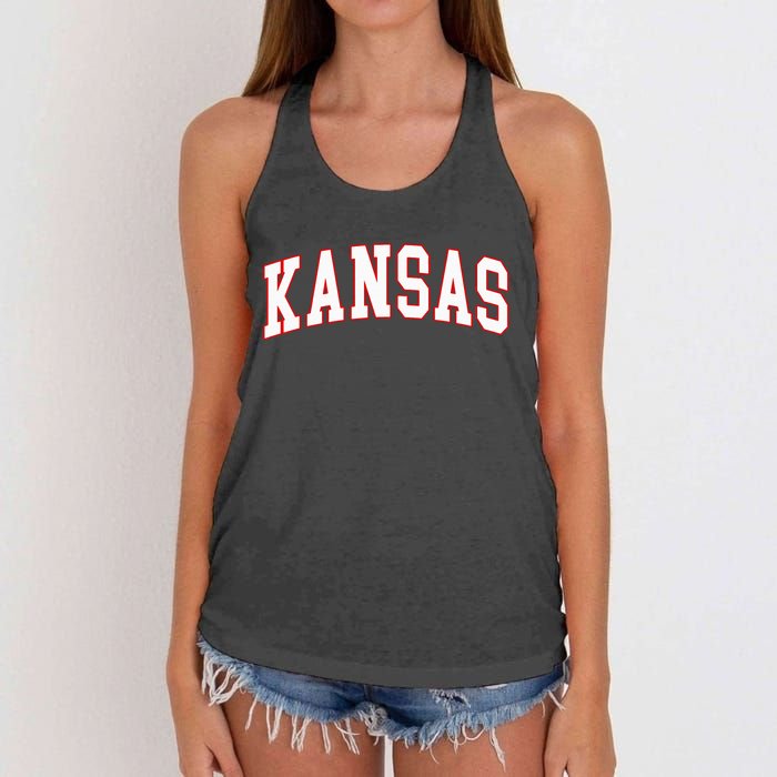 Kansas United States Varsity Style White Red Font Women's Knotted Racerback Tank