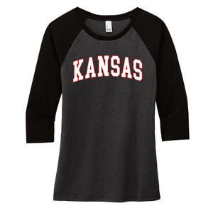 Kansas United States Varsity Style White Red Font Women's Tri-Blend 3/4-Sleeve Raglan Shirt