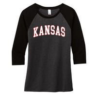 Kansas United States Varsity Style White Red Font Women's Tri-Blend 3/4-Sleeve Raglan Shirt