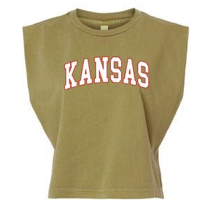 Kansas United States Varsity Style White Red Font Garment-Dyed Women's Muscle Tee