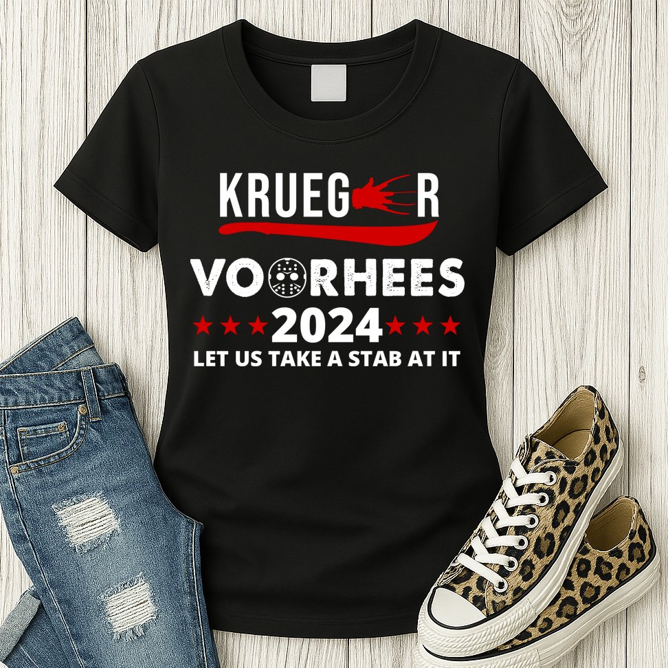 Krueger Voorhees 2024 Let Us Take A Stab At It Womens T-Shirt