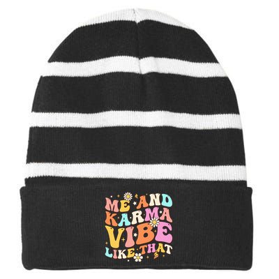 Karma Vibe Groovy Lover Funny Hippie Boho Striped Beanie with Solid Band