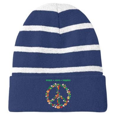 Kawaii Vegetables Peace Sign Funny Gift For Vegetarian Vegan Striped Beanie with Solid Band