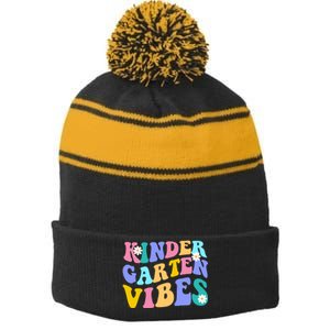 Kindergarten Vibes Retro Colorful Stripe Pom Pom Beanie