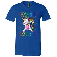 Kindergarten We Are Done First Grade Here We Come Unicorn Great Gift V-Neck T-Shirt