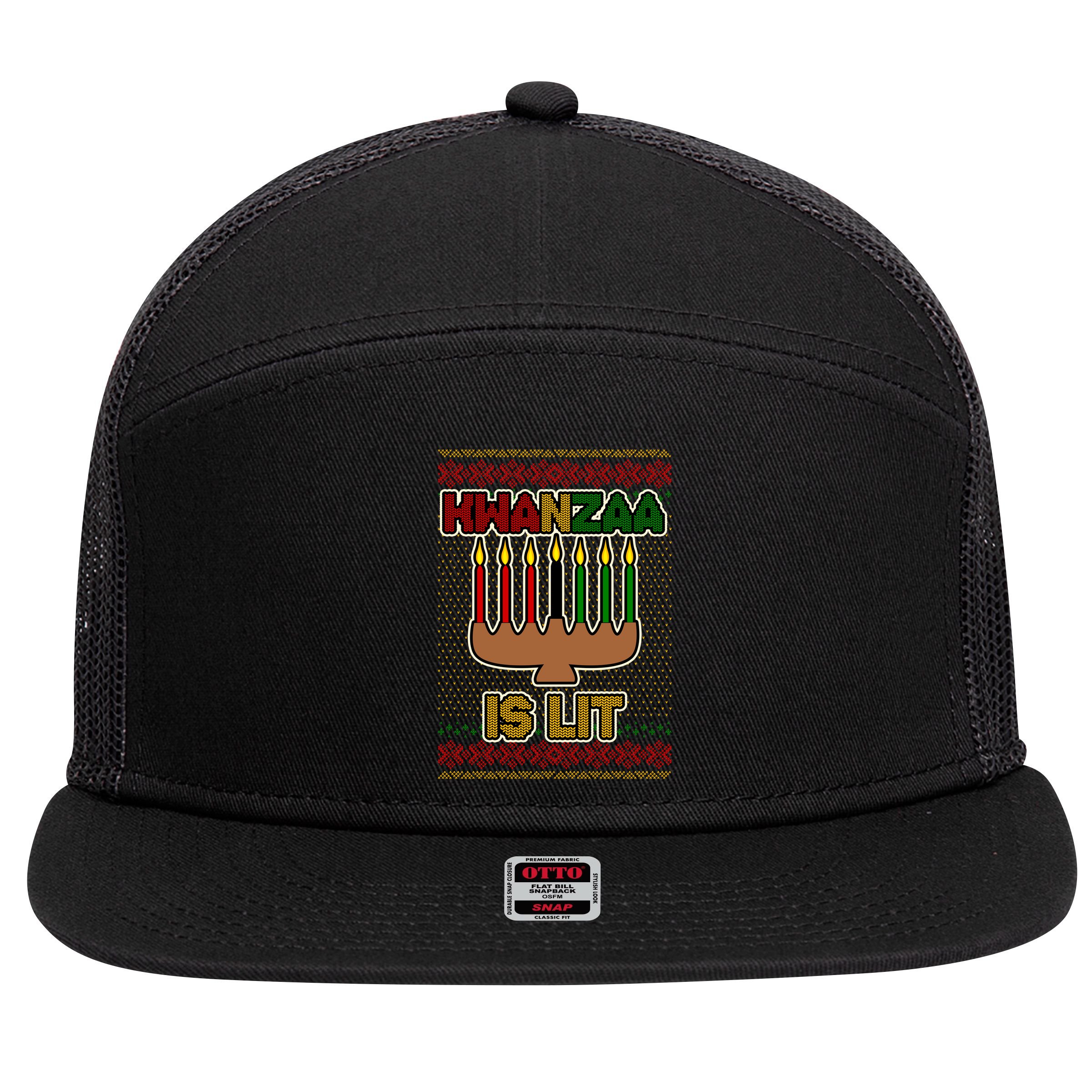 Kwanzaa is Lit Kinara Candles Ugly Kwanzaa Sweater 7 Panel Mesh Trucker Snapback Hat