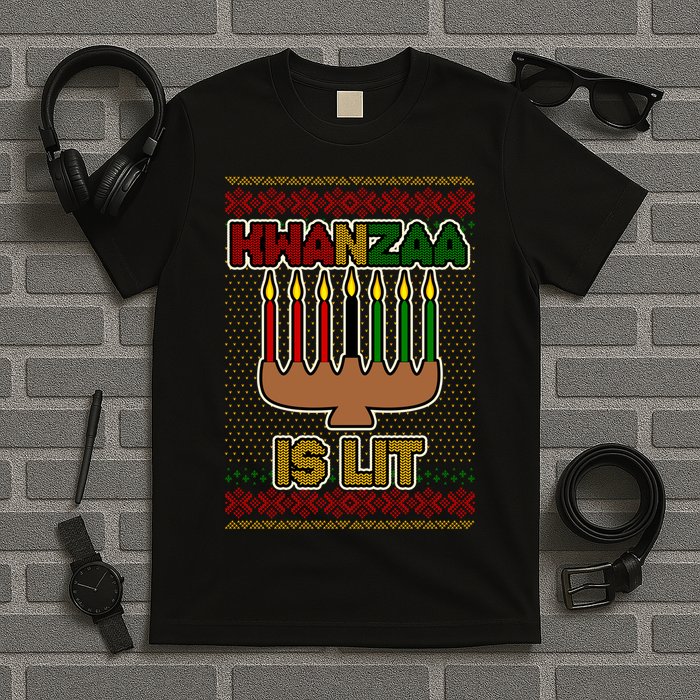 Kwanzaa is Lit Kinara Candles Ugly Kwanzaa Sweater T-Shirt