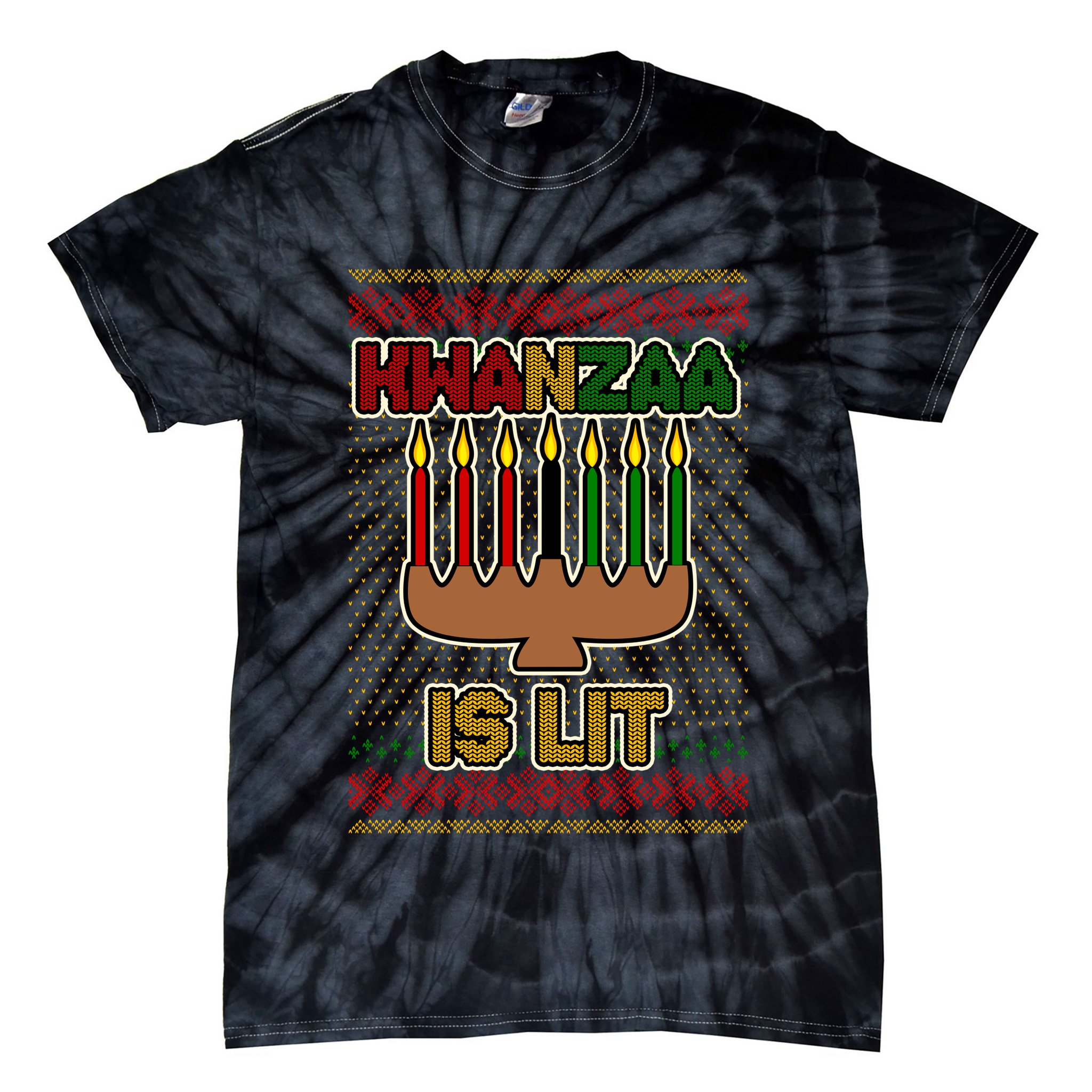 Kwanzaa is Lit Kinara Candles Ugly Kwanzaa Sweater Tie-Dye T-Shirt