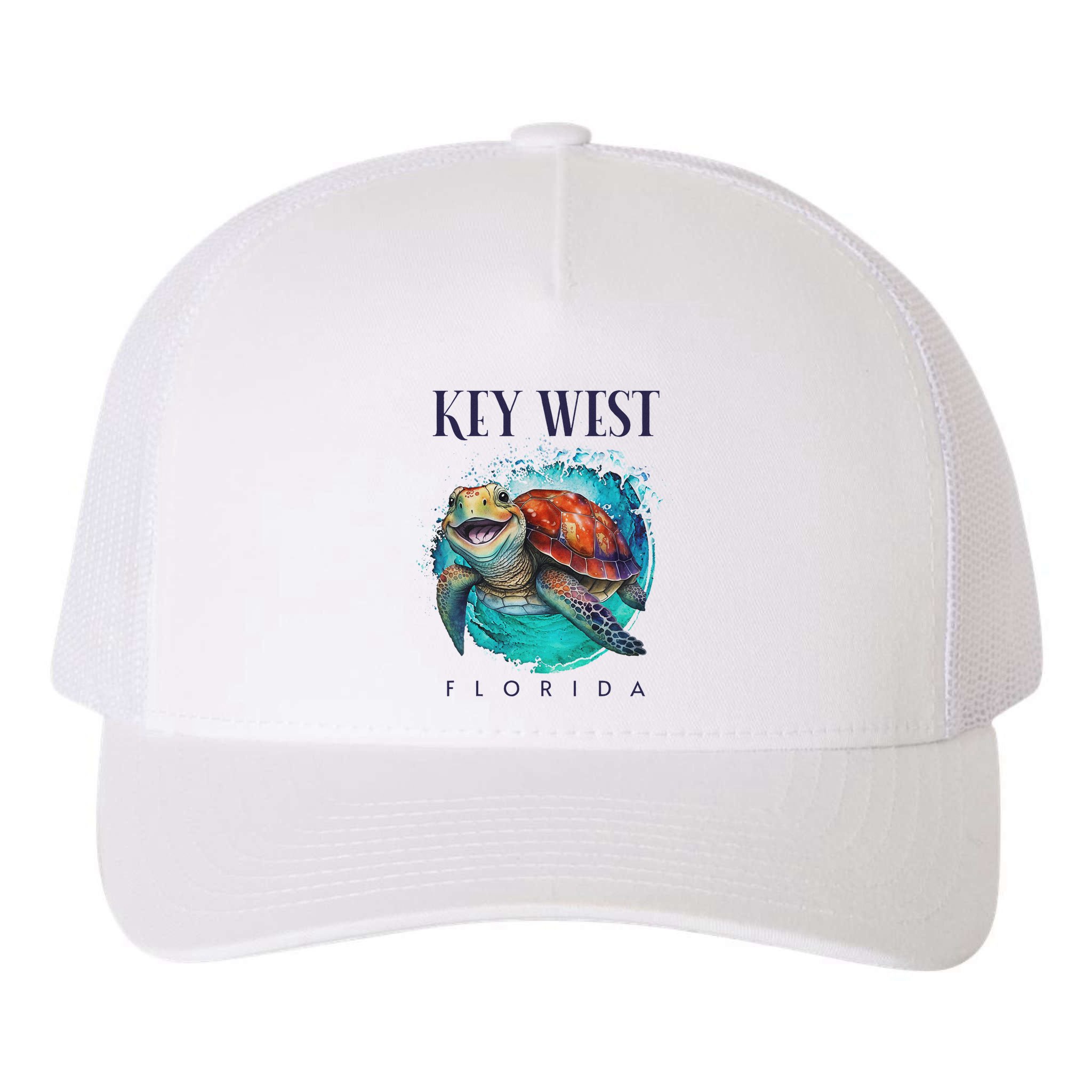 Key West Florida Watercolor Happy Sea Turtle Yupoong Adult 5-Panel Trucker Hat