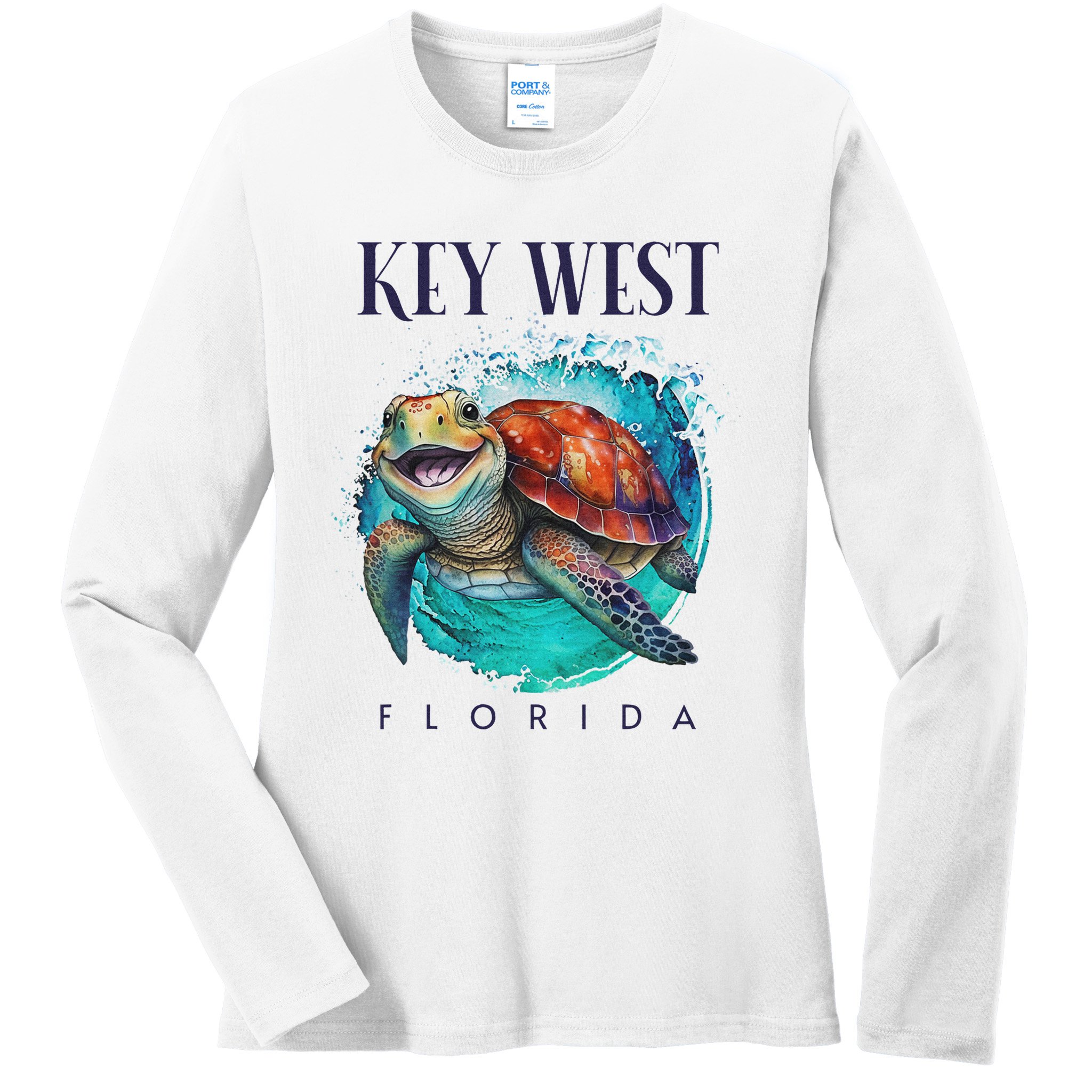 Key West Florida Watercolor Happy Sea Turtle Ladies Long Sleeve Shirt