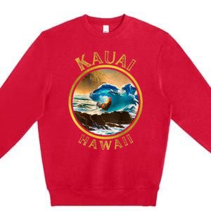 Kauai Wave Front Back Surf Chicken Rooster Ocean Beauty Premium Crewneck Sweatshirt