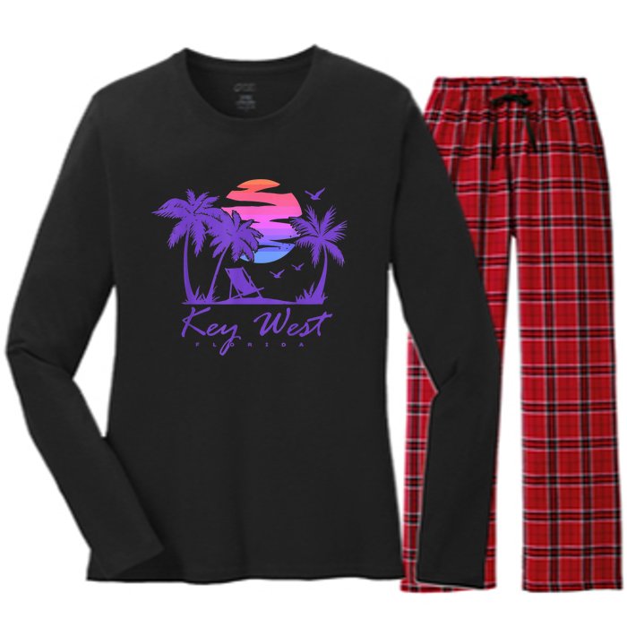 KEY WEST FLORIDA Spring Break Vacation Retro Vintage Sunset Women's Long Sleeve Flannel Pajama Set 